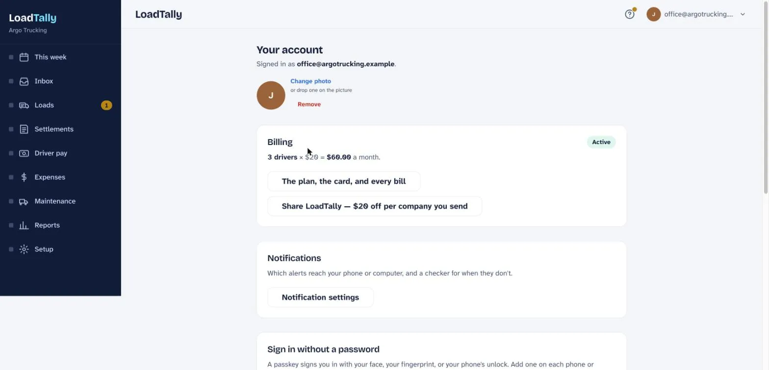 Your account: signed in as the office login, the photo circle with Change photo, the Billing panel — 3 drivers × $20 = $60.00 a month, Active — with buttons for the plan and for sharing LoadTally, the Notifications panel, and Sign in without a password.