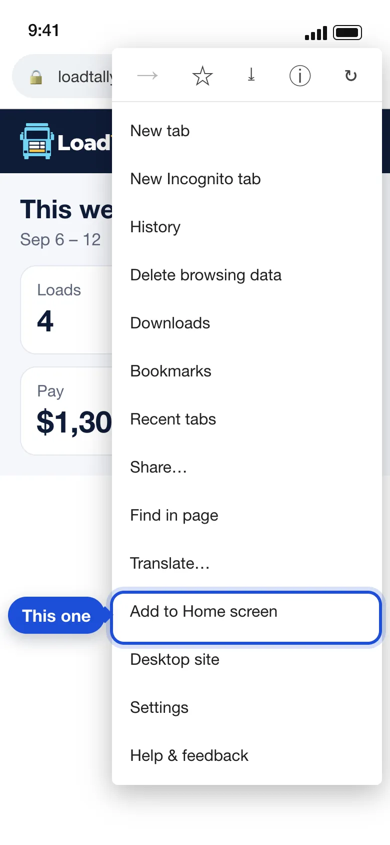 Chrome on an Android phone with its three-dot menu open over LoadTally's week screen, and Add to Home screen ringed near the bottom of the menu.
