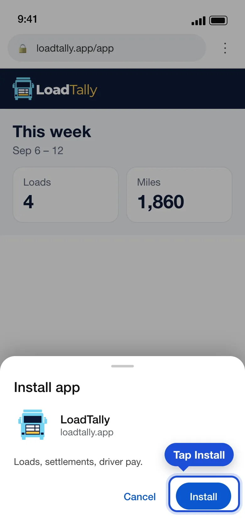 Chrome's Install app card on an Android phone: the LoadTally icon and name, a line about what it does, and the Install button ringed.