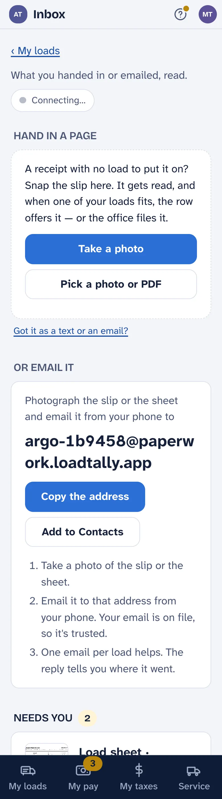The driver's Inbox on a phone: the load sheet and the fuel receipt Mike emailed, each with the button to file it on his load.