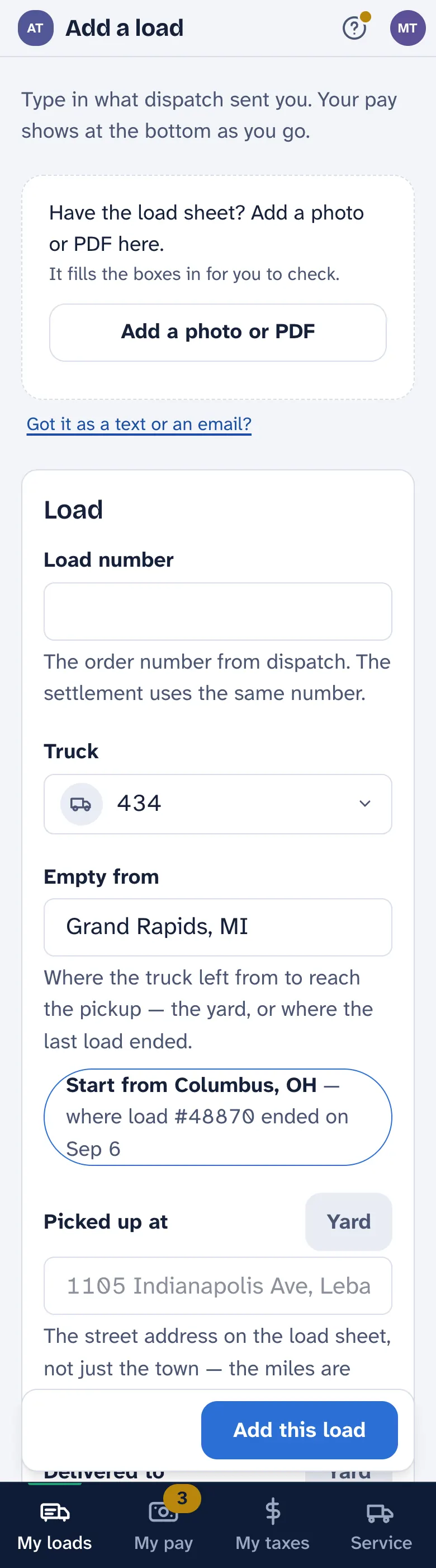 Add a load on a phone: the box Have the load sheet? with Add a photo or PDF, then load number, truck, empty from, picked up at, delivered to, shipper and the dates.