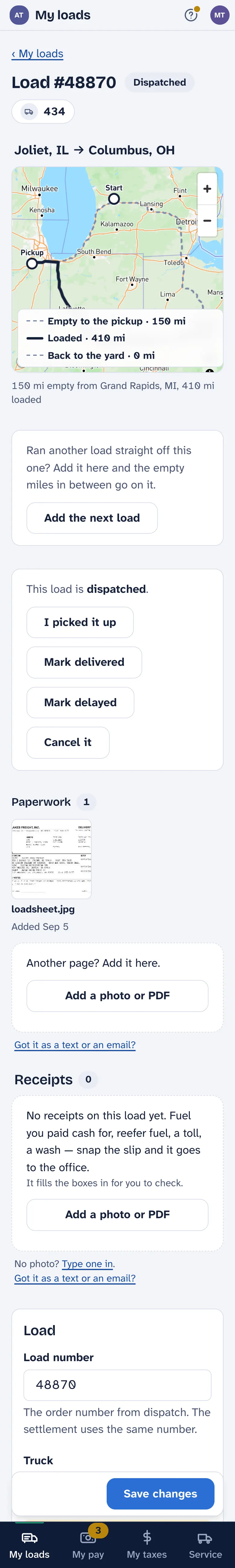 A load on a phone, top to bottom: the number, the map of the run, Mark completed, Mark delayed and Cancel it, the paperwork with the dispatch sheet, the receipts box, and the details.