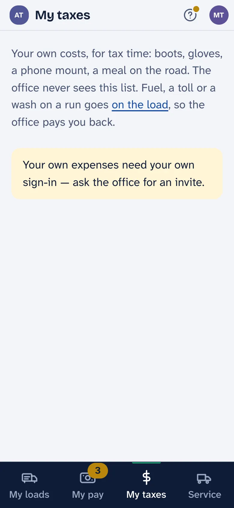 My taxes on a phone: a note that load receipts go on the load instead, a scan box for a receipt, the year so far by category, and everything added.