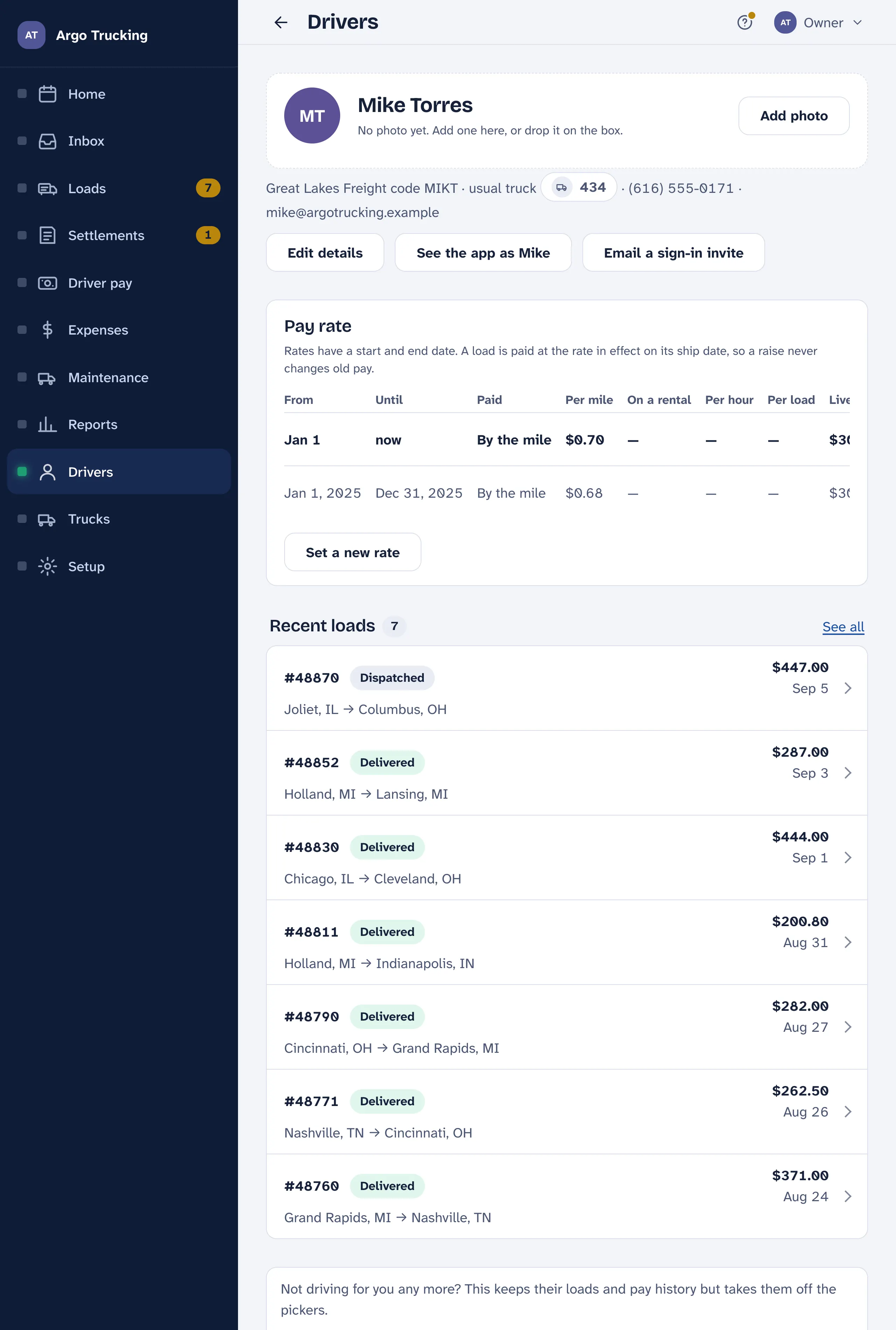 Mike Torres's page: his photo circle, code and usual truck, buttons Edit details, See the app as Mike and Email a sign-in invite, the Pay rate table with a rate from Jan 1 and an older one that ended Dec 31, Set a new rate, and his latest loads.