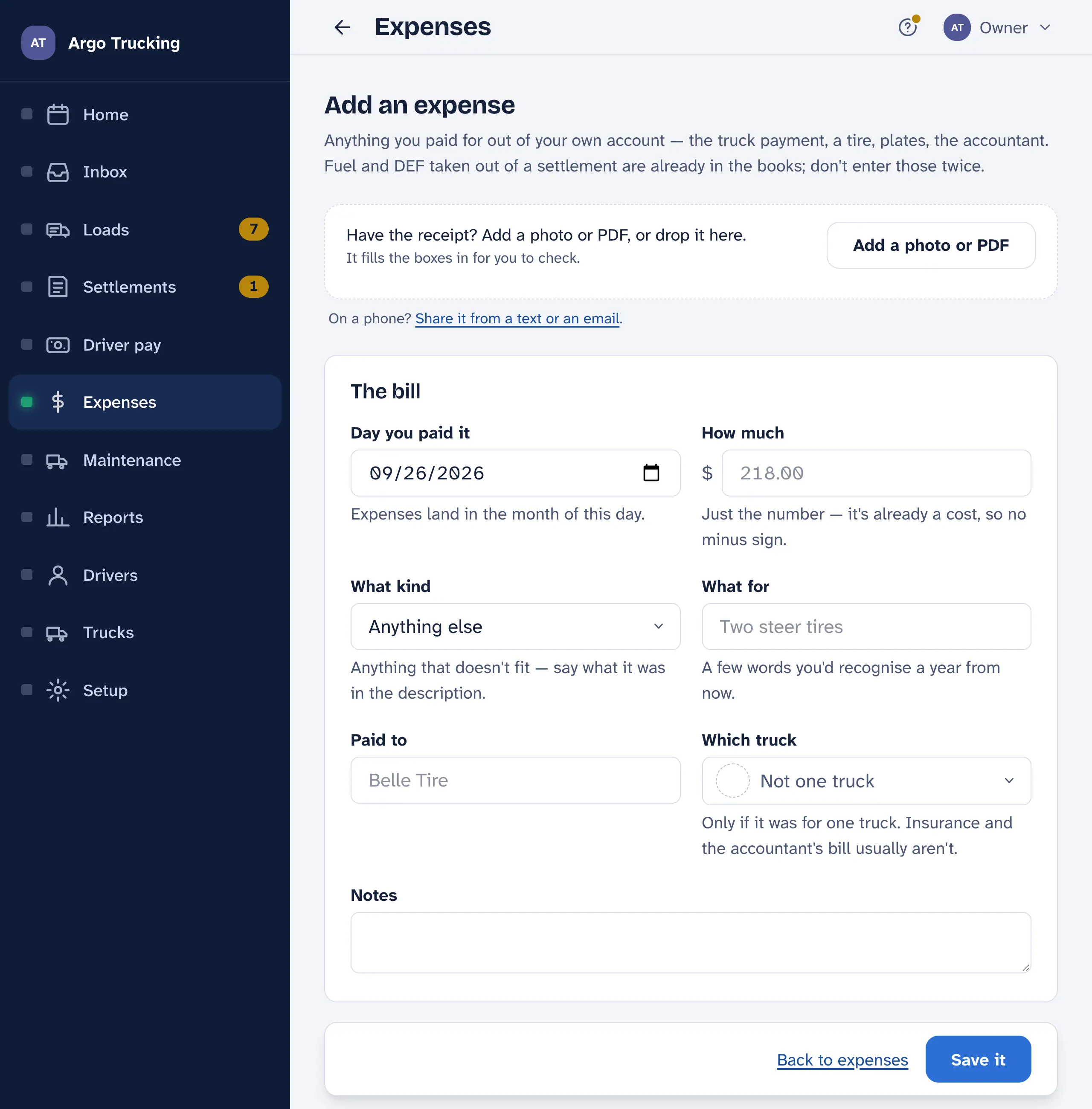 Add an expense: the scan box for the receipt, the day, the amount, the kind, what for, who was paid, which truck, and notes.