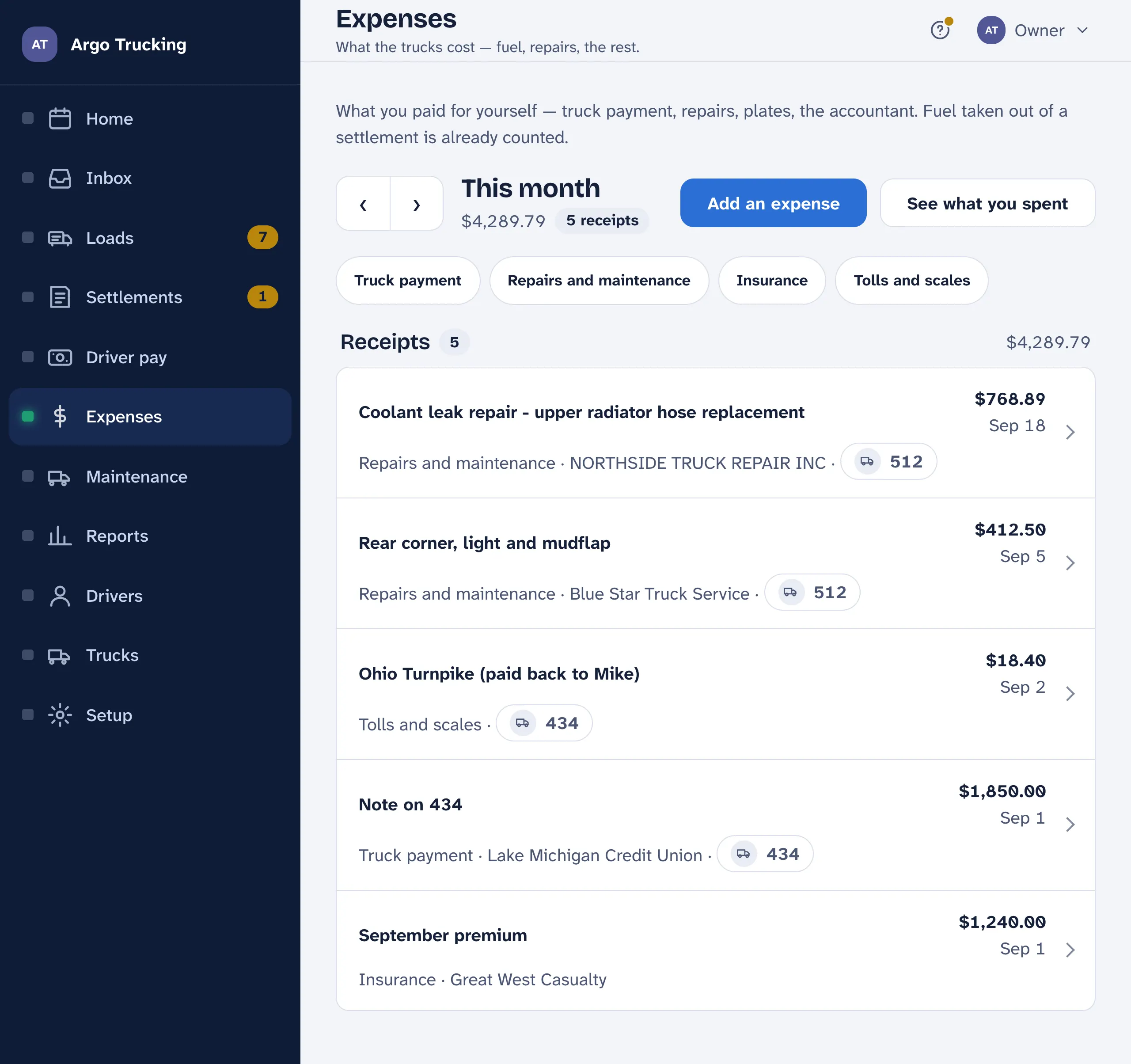 The Expenses screen: This month with the total and the count, Add an expense, See what you spent, chips for the kinds used this month, and the month's receipts newest first with the kind, who was paid and which truck.