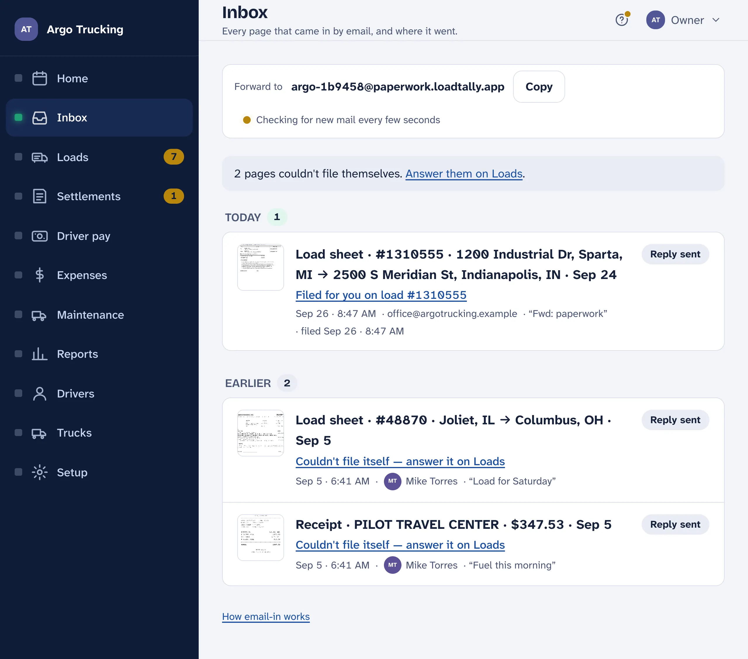 The Inbox: the company's paperwork address with a Copy button, a line saying 2 pages couldn't file themselves with a link to answer them on Loads, then today's mail — a load sheet filed on its load — and two earlier pages from Mike Torres marked Couldn't file itself, answer it on Loads, each with Reply sent.