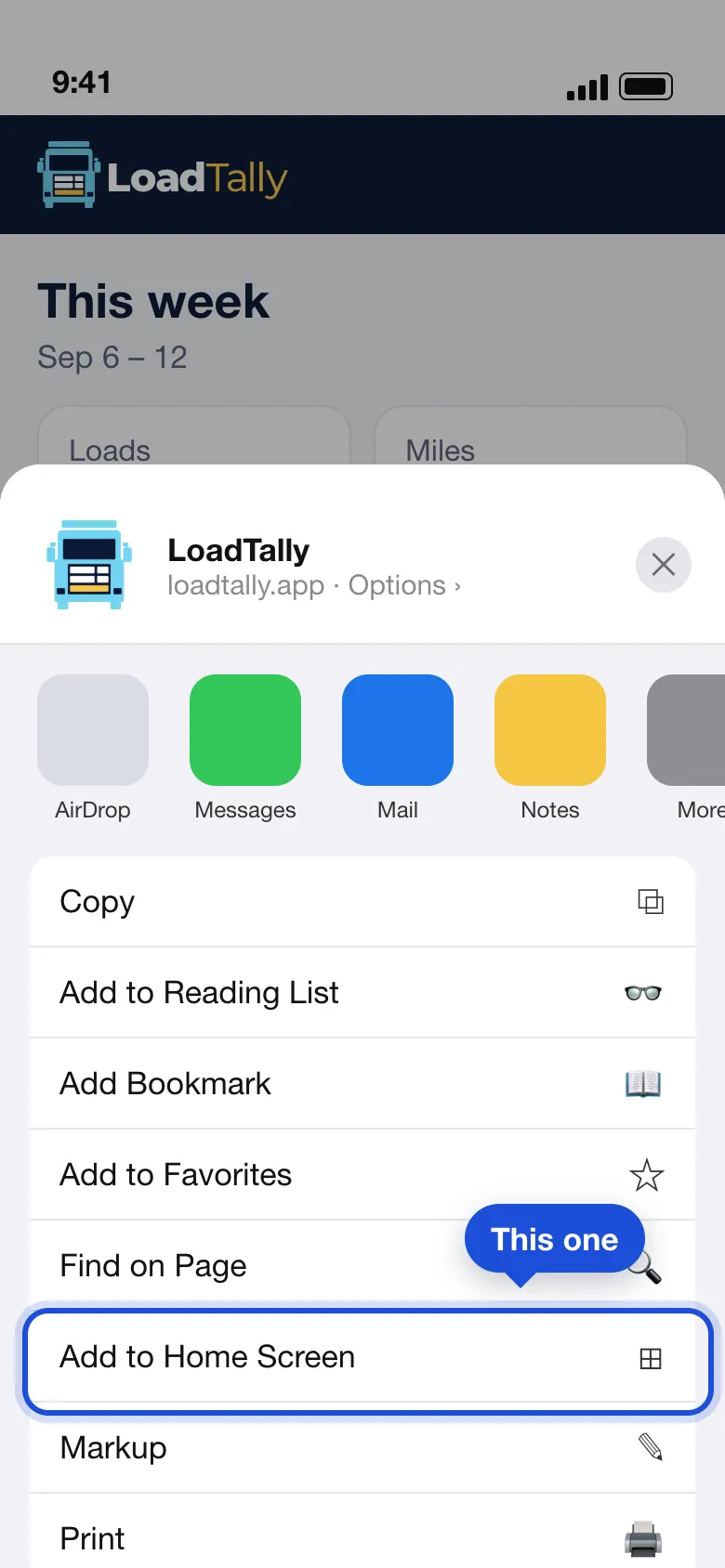 The share sheet on an iPhone: LoadTally at the top, a row of apps, then a list with Add to Home Screen ringed.