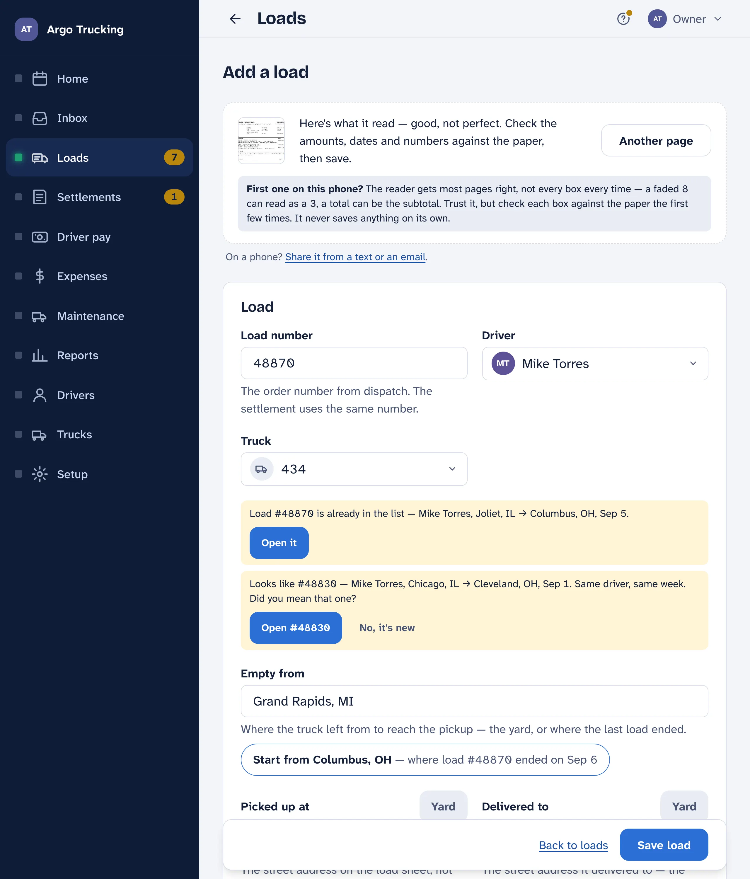 Add a load, after a photo of the dispatch sheet was read: a green box says what it read, and the load number, driver, truck, pickup, drop and shipper are filled in below for checking.