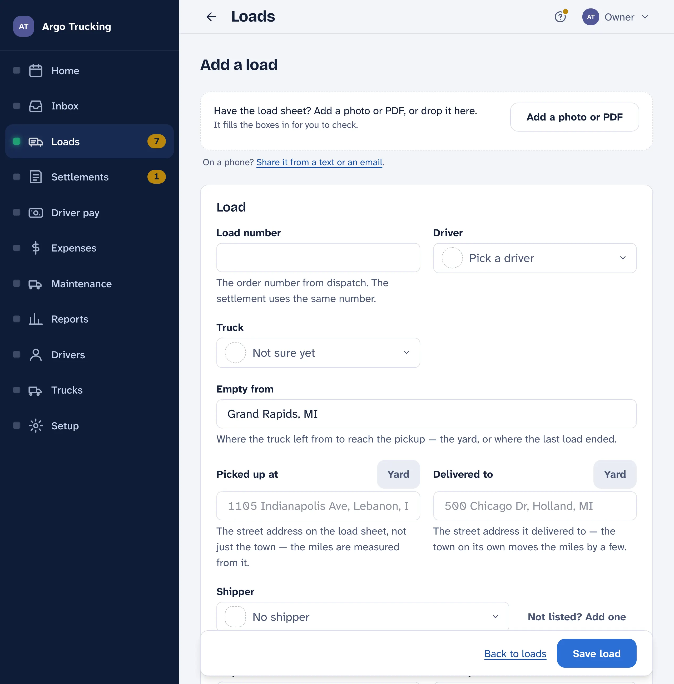The Add a load form with its scan box at the top: Have the load sheet? A photo or PDF fills the boxes in for you to check, with the button Add a photo or PDF and a folded line, On a phone, from a text or an email?