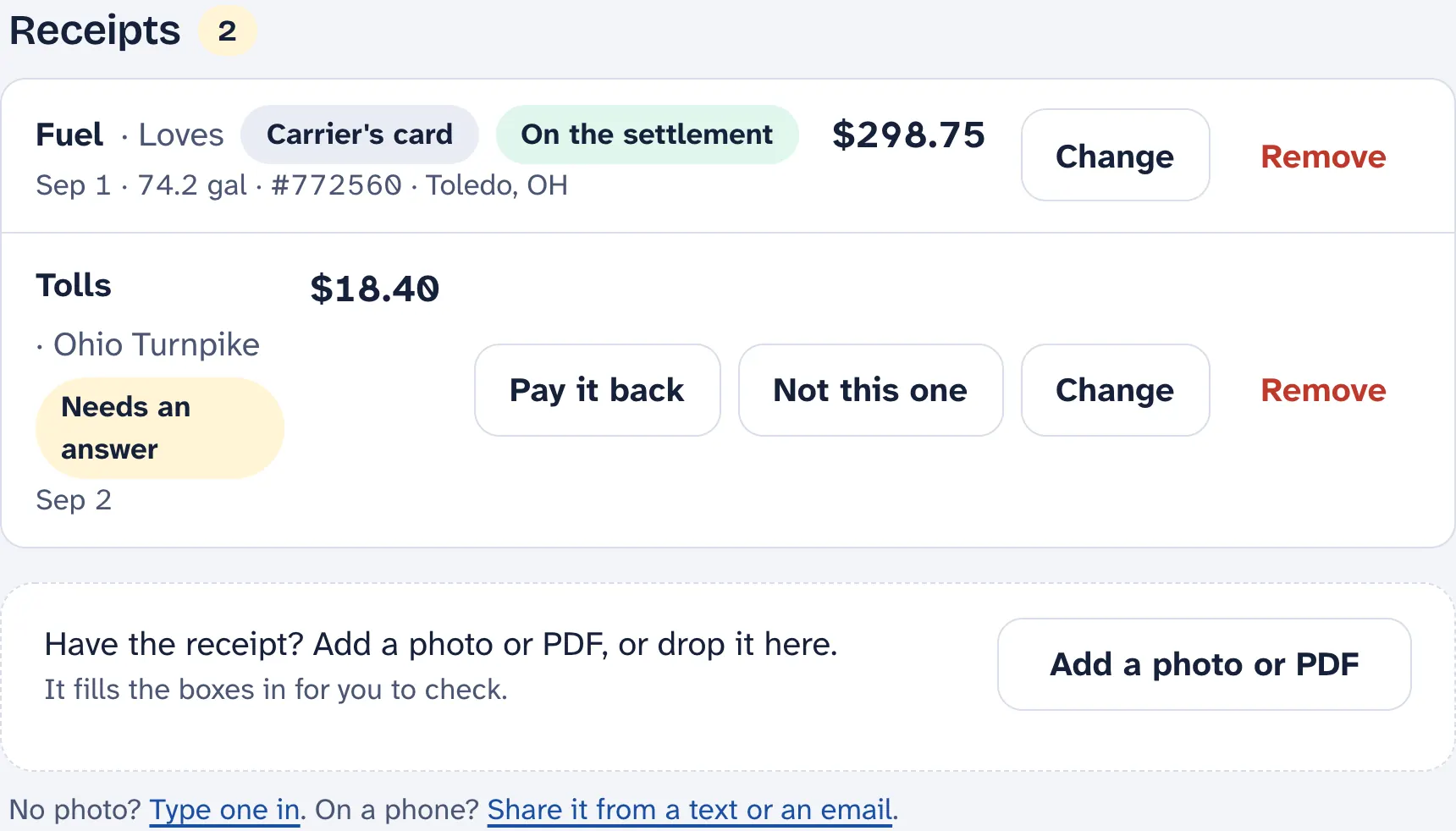 The Receipts box on a load: a fuel line from Loves on the carrier's card marked Not on the settlement, a tolls line from the Ohio Turnpike marked Needs an answer with the buttons Pay it back and Not this one, and the box to add a photo of another receipt.