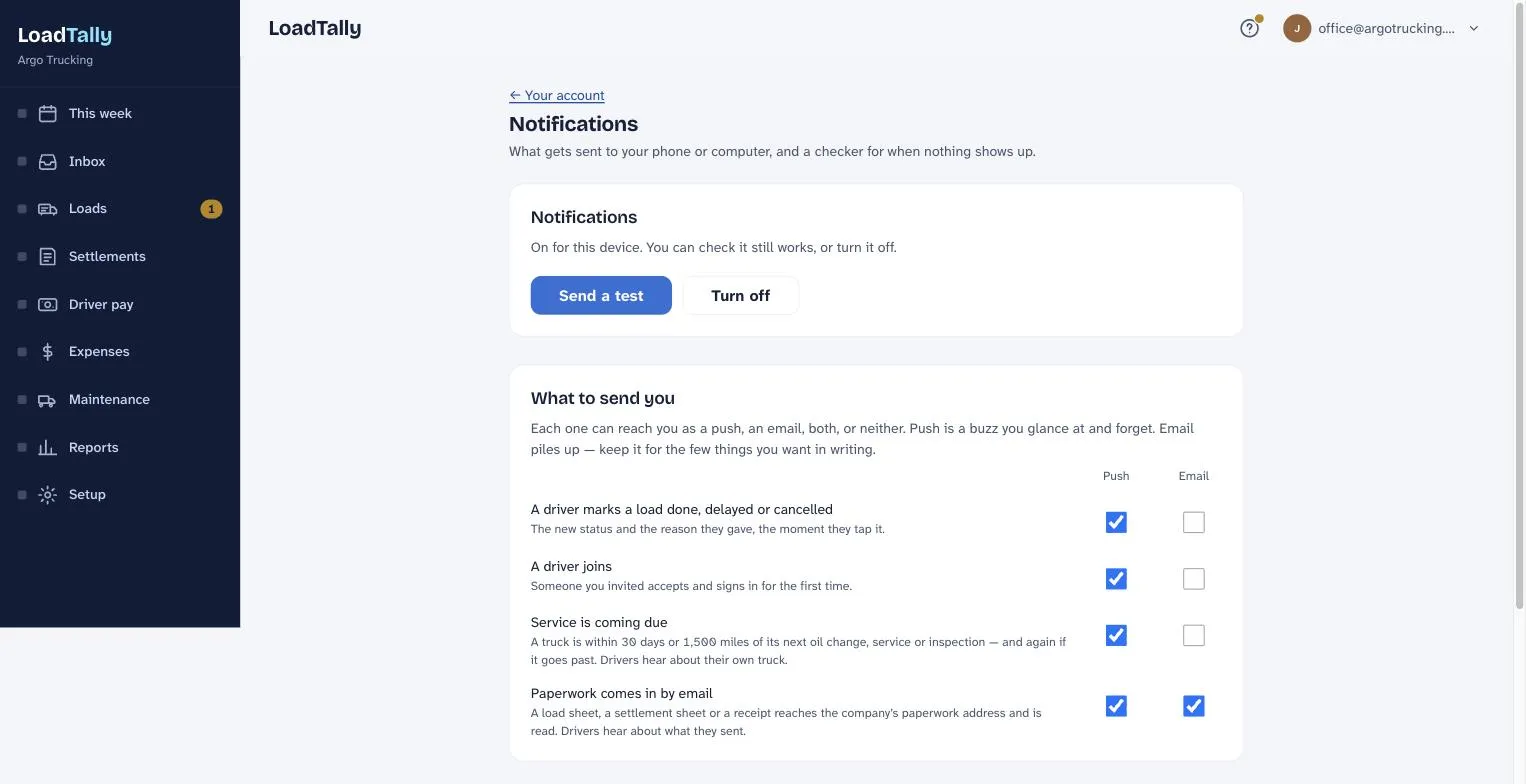 Notifications: On for this device, with Send a test and Turn off; then What to send you — a driver marks a load done, a driver joins, service is coming due, paperwork comes in by email — each with a Push and an Email tick.