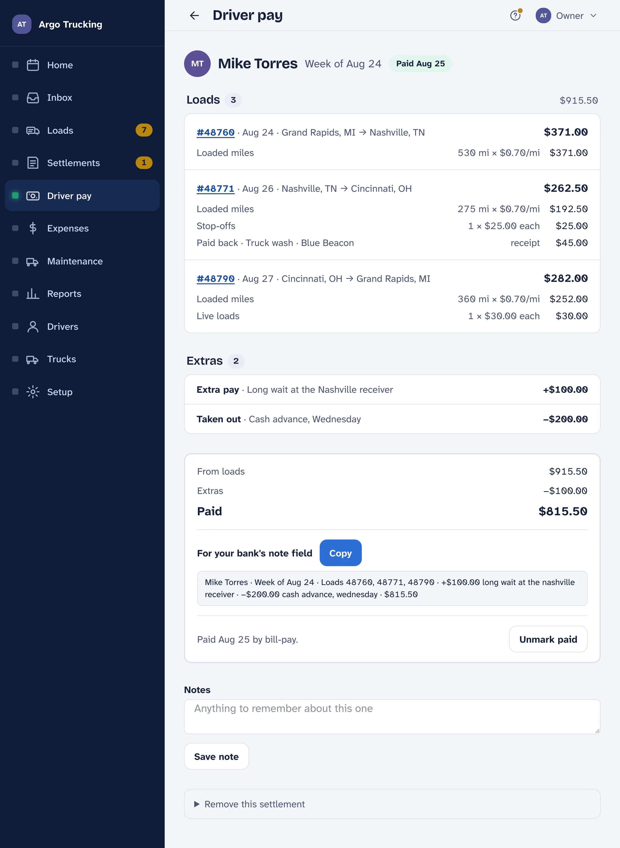 Mike Torres's pay statement for the week of Aug 24, marked Paid Aug 25: three loads each with their lines — loaded miles times the rate, stop-offs, a truck wash paid back, live loads — then Extras: paid back, extra pay for a long wait, cash advance taken out, then From loads, Extras and Paid $815.50, with Notes and Unmark paid.
