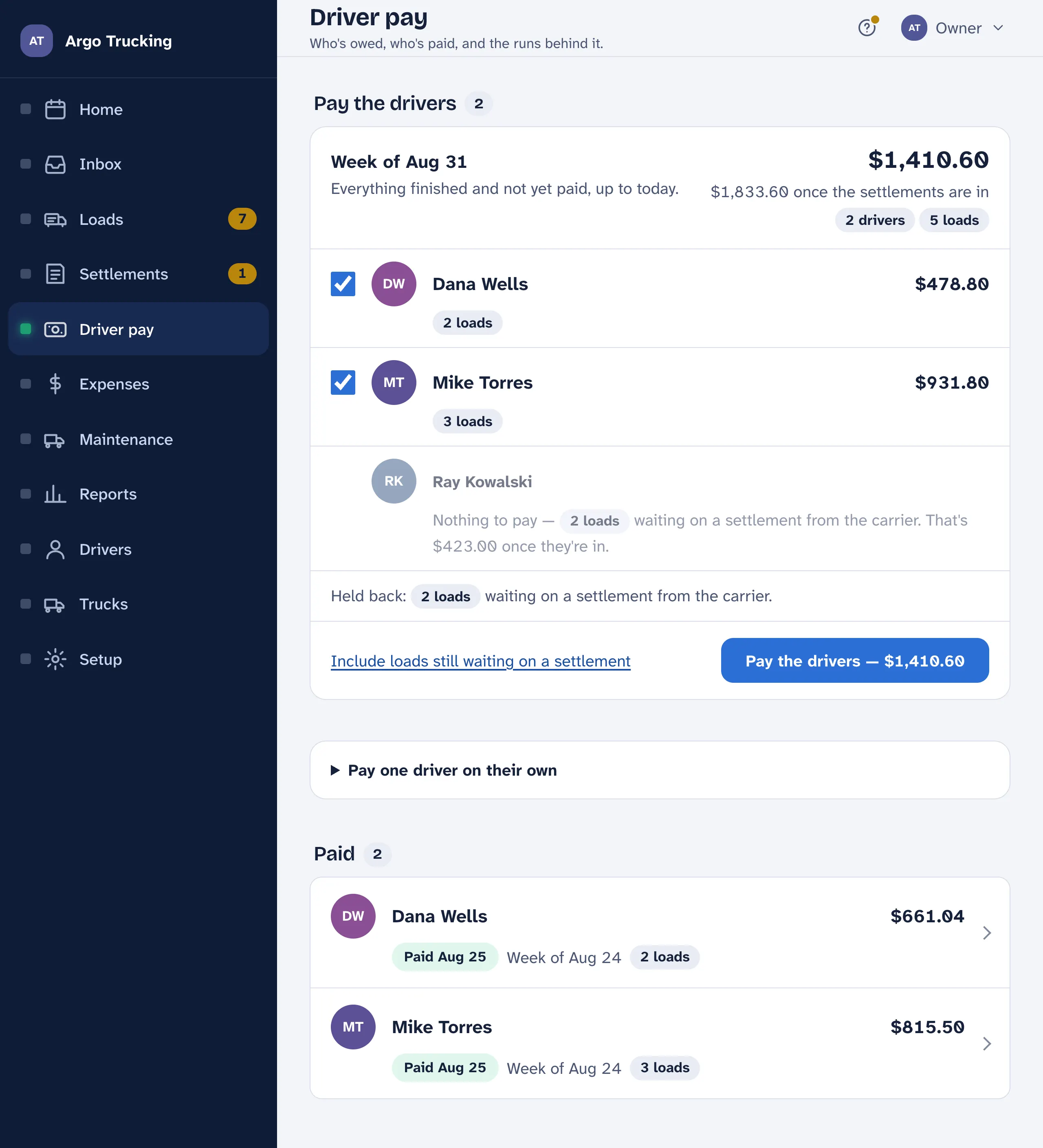 The Driver pay screen: Pay the drivers for the week, with each driver ticked and their amount, a line about loads held back waiting on a settlement, and the button Pay the drivers.