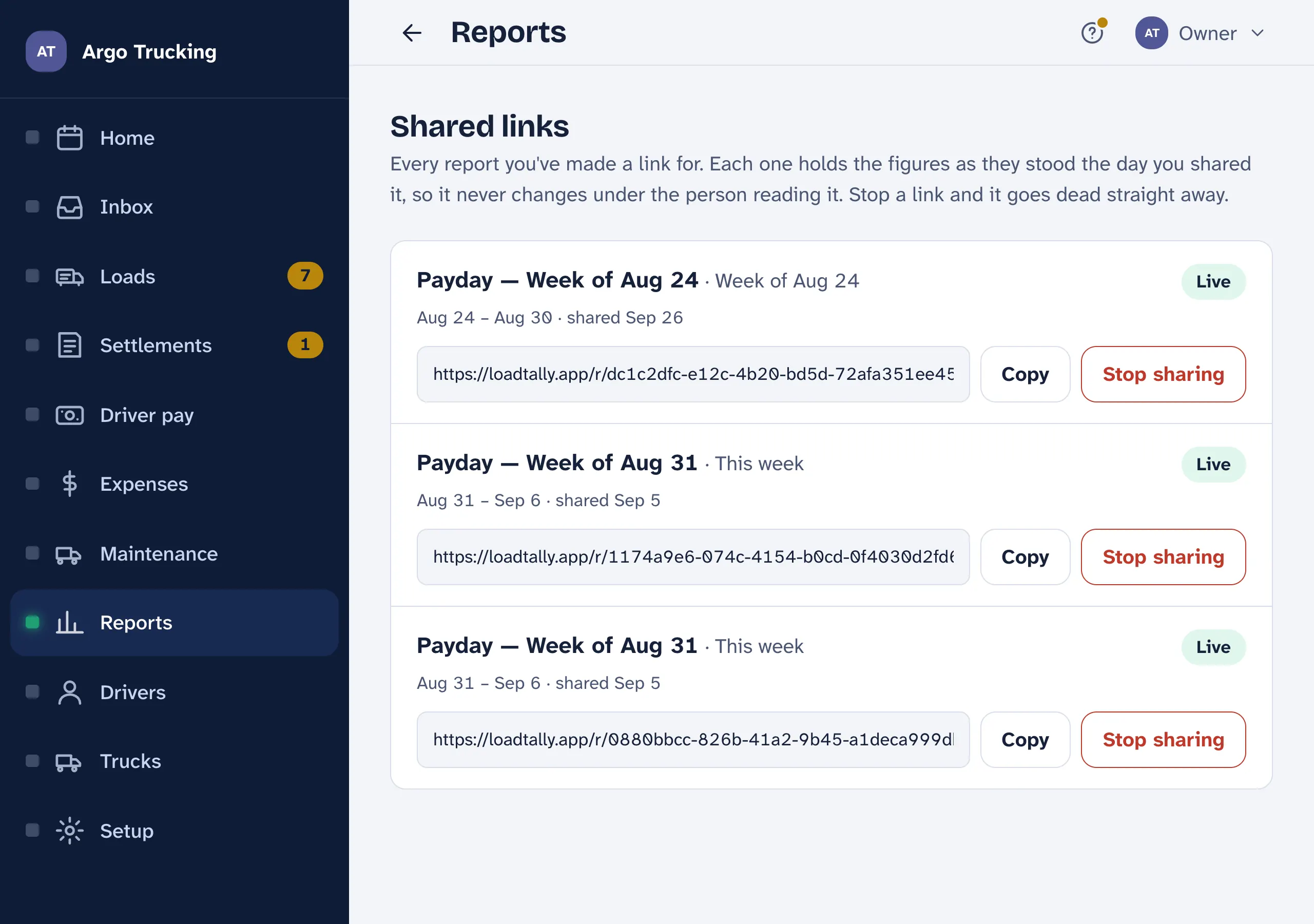 Shared links under Reports: two Payday links for the week of Aug 31, each marked Live with its address, a Copy button and Stop sharing.