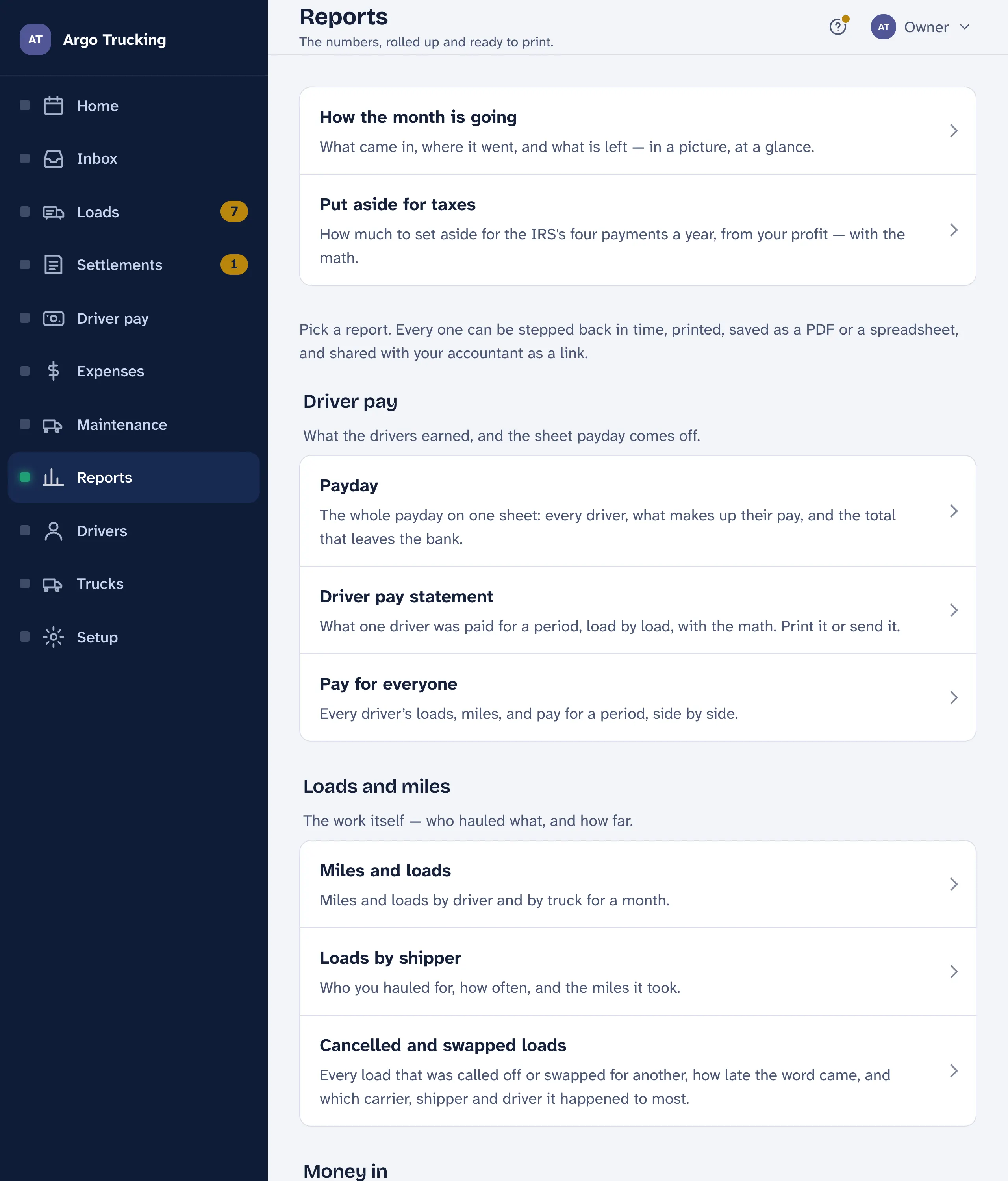 The Reports list, grouped: Driver pay — Payday, Driver pay statement, Pay for everyone; Loads and miles — Miles and loads, Loads by shipper; Money in — What the carrier paid, Load by load; The books — Profit and loss, What a mile costs, What you spent, Fuel, Maintenance; Year end.