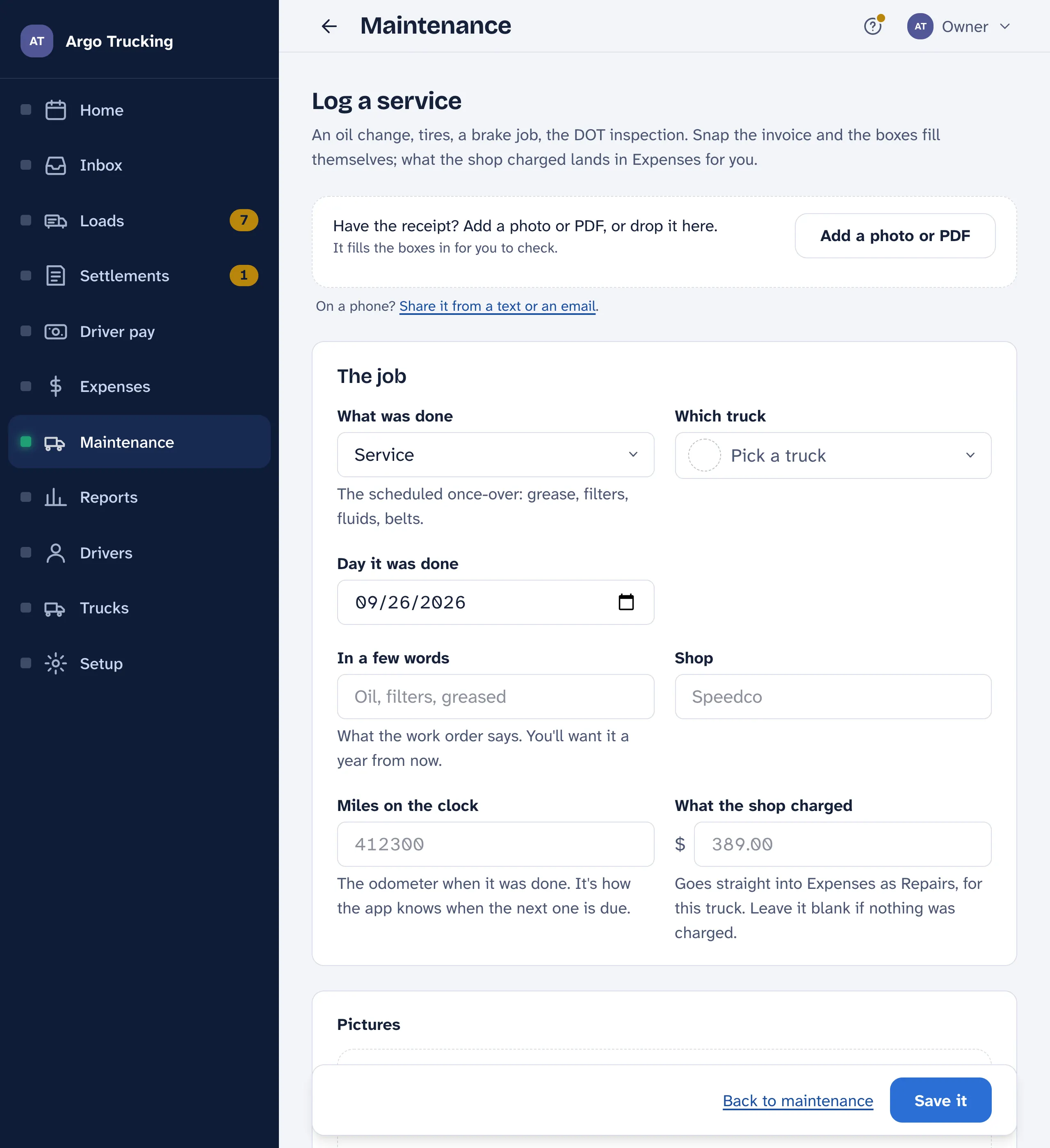 Log a service: the scan box for the invoice, which truck, the day, what was done, a few words, the shop, the miles on the clock, what the shop charged, and Next time by date or mileage with a Use the usual link.