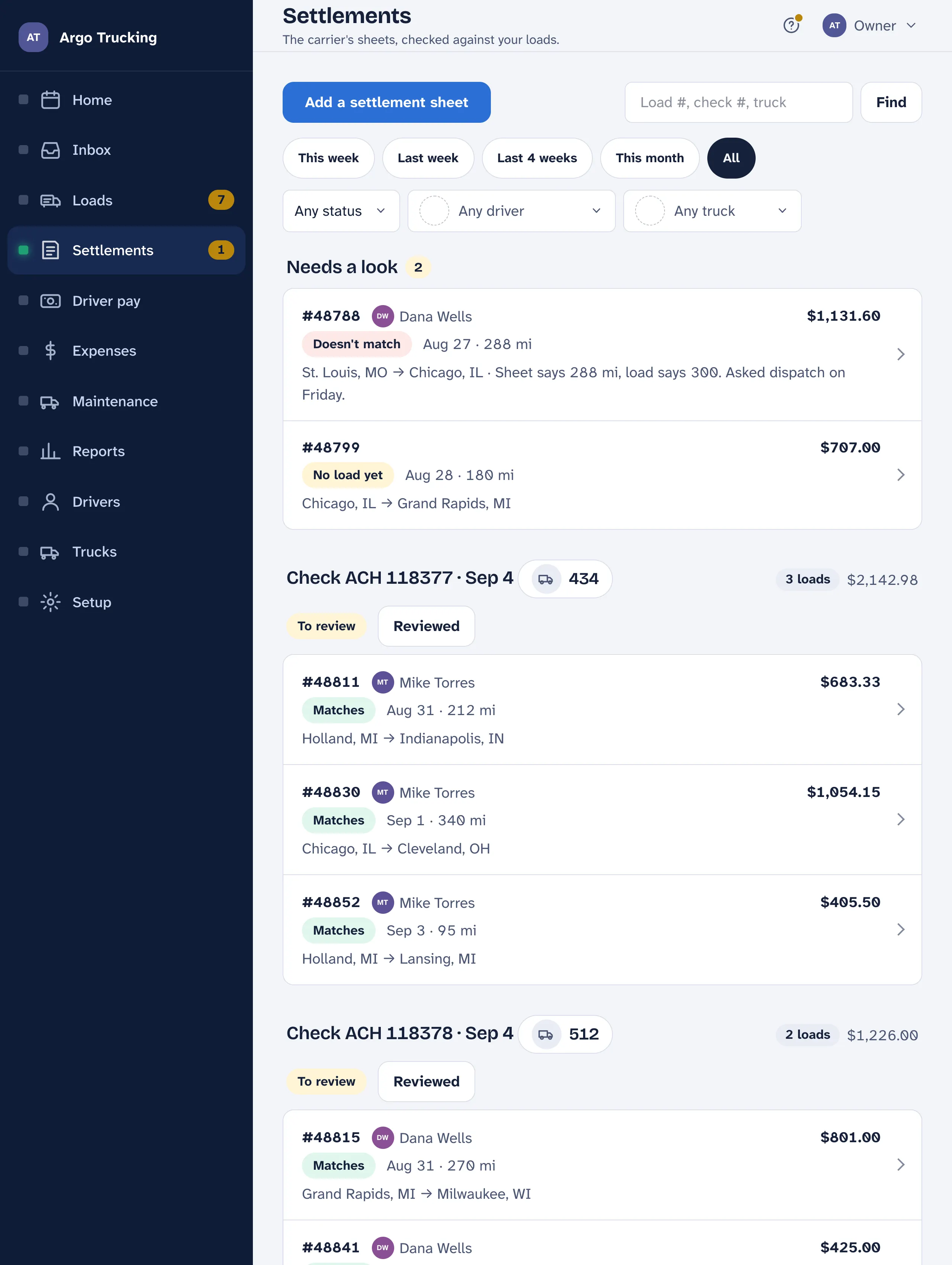 The Settlements screen: a Needs a look list at the top with a settlement that doesn't match and one with no load yet, then each check from the carrier with its loads and a word beside each saying Matches.