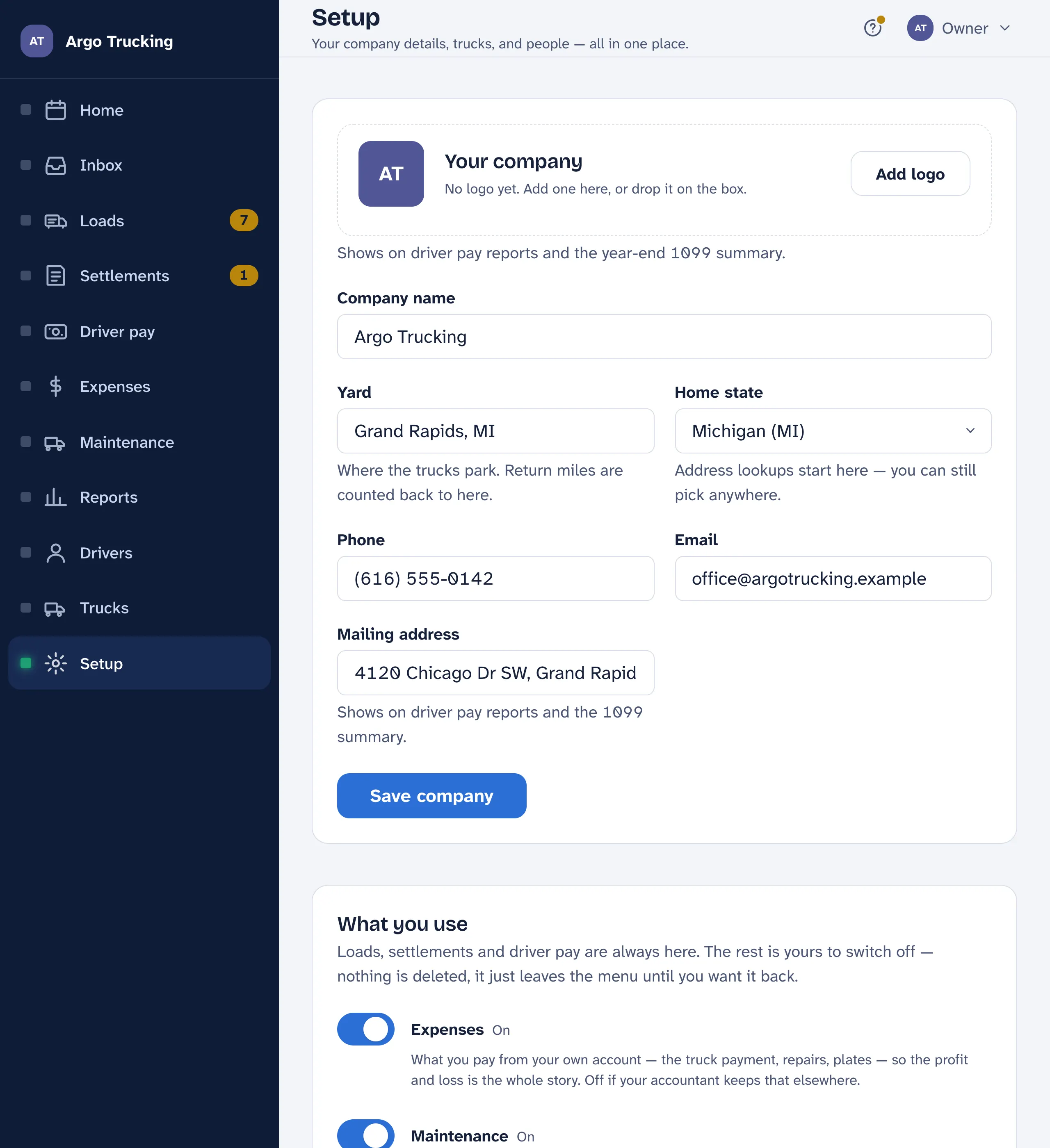 The Setup screen on its Company tab: company name, yard, home state, phone, email and mailing address, with the tabs for Carriers, Shippers, Lanes, Trucks, Pay, People and Email in above.