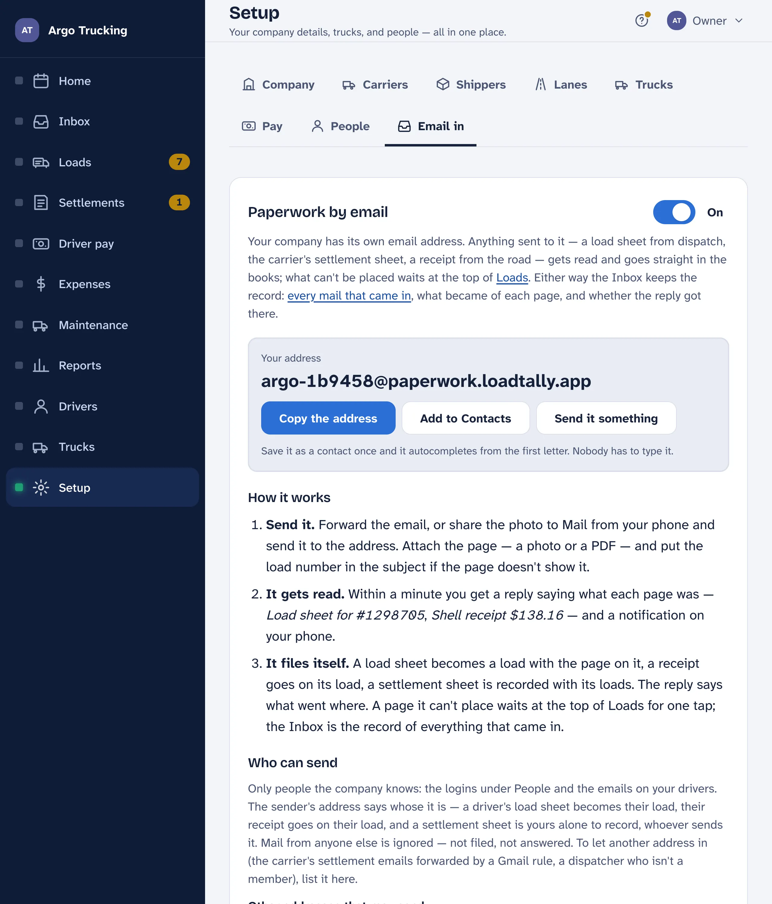 Setup on its Email in tab: the switch Paperwork by email, the company's address in a box with the buttons Copy the address, Add to Contacts and Send it something, then How it works in three steps — send it, it gets read, it files itself — and who can send.