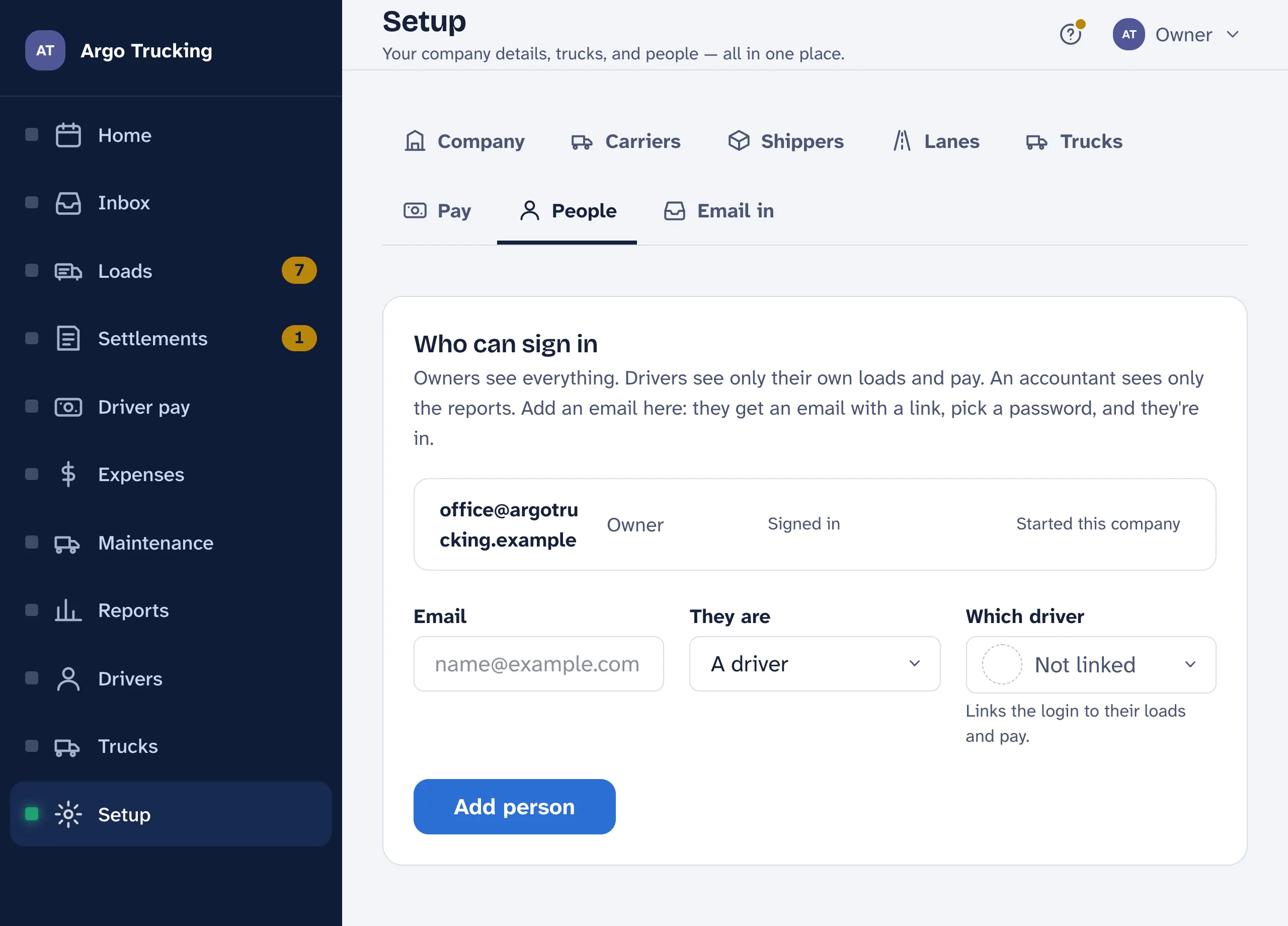 Setup on its People tab: Who can sign in, the owner's login marked Signed in, and a row to add a person with their email, whether they are a driver, an owner or the accountant, and which driver the login belongs to.