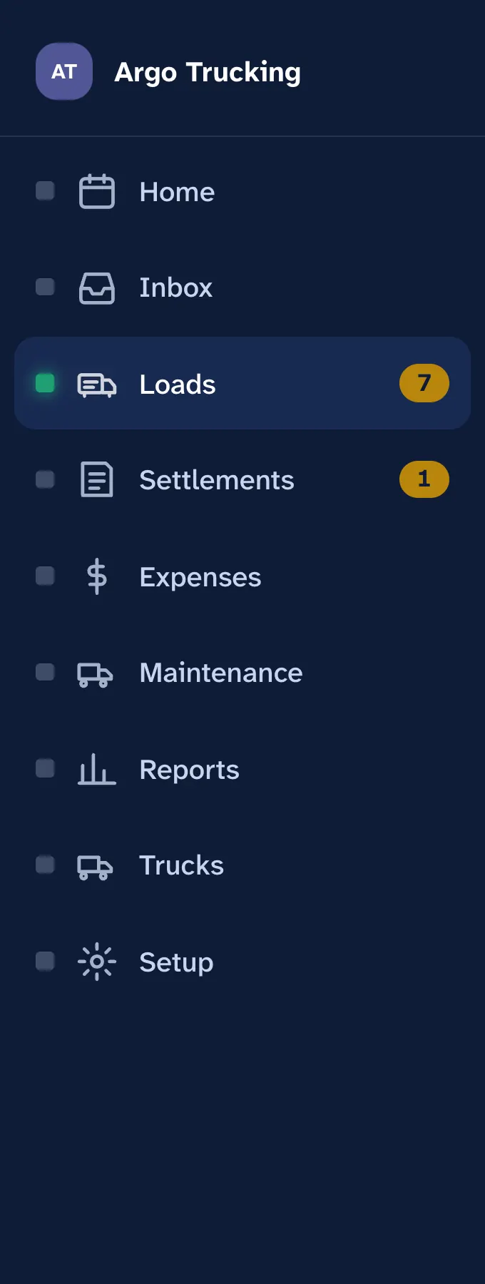 The menu in solo mode: Home, Inbox, Loads, Settlements, Expenses, Maintenance, Reports, Trucks and Setup — no Driver pay and no Drivers.