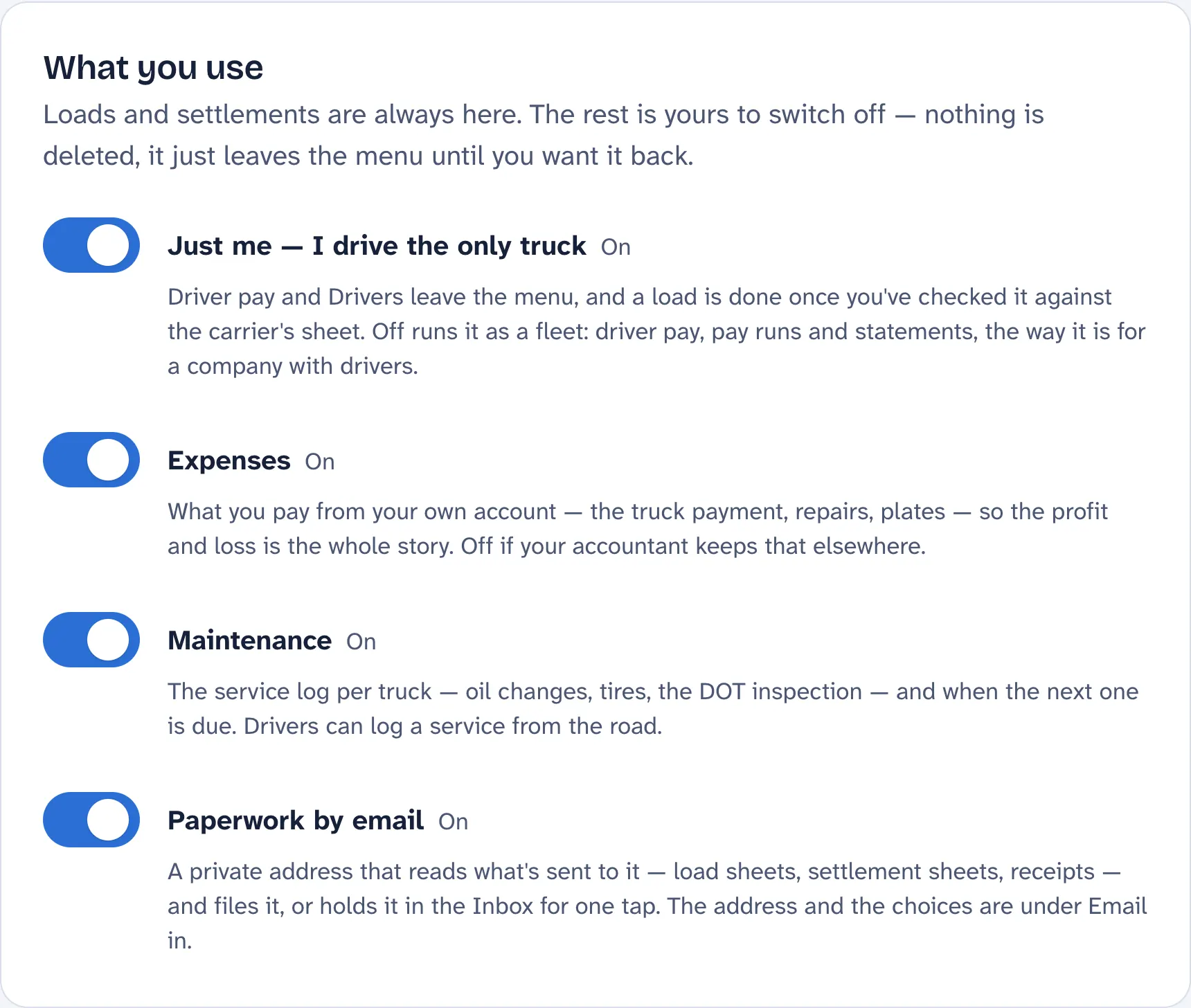 Setup › Company › What you use, with solo mode on: a row saying it is just you and you drive the only truck, and its switch.