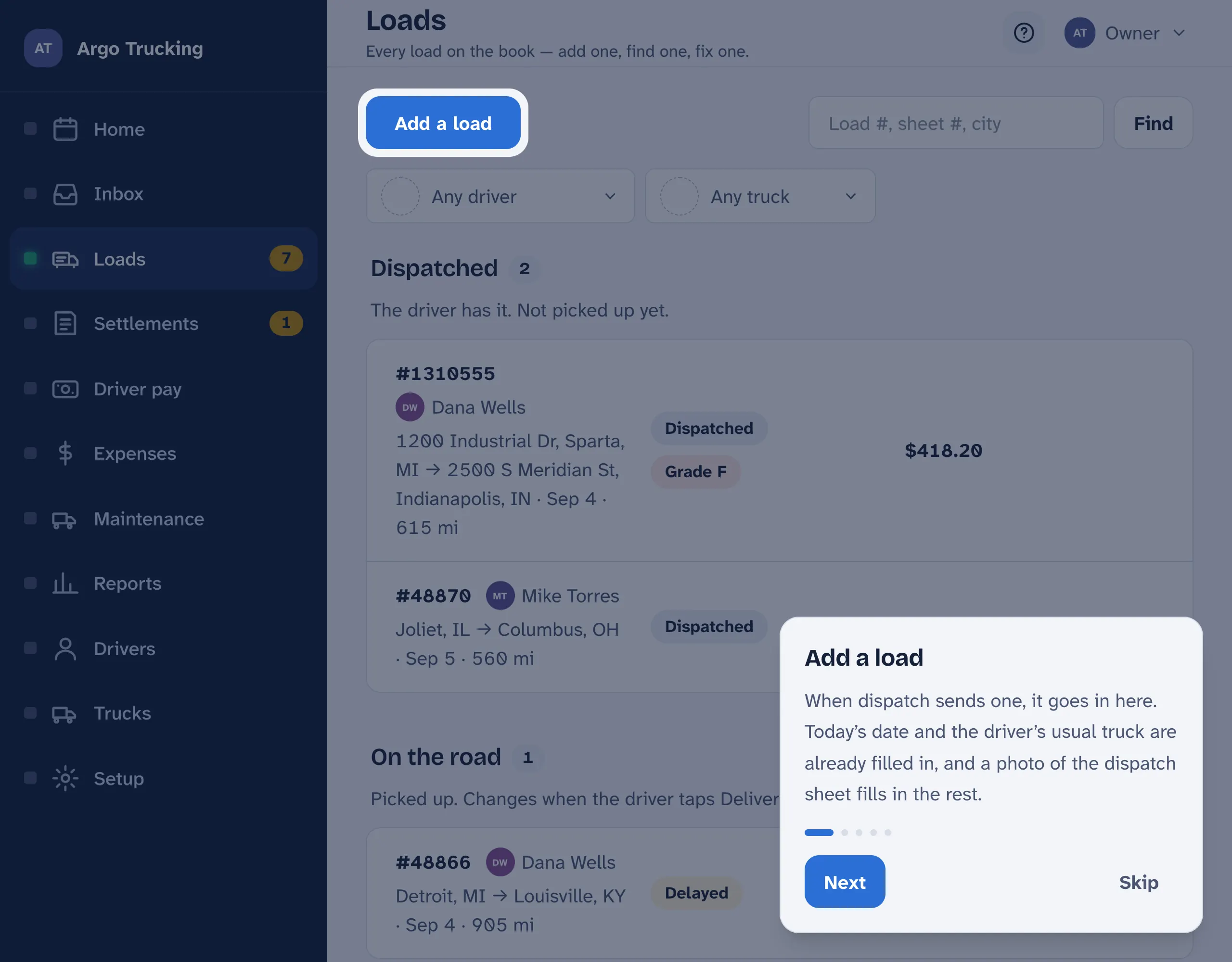 The Loads screen with the walkthrough open: the Add a load button is outlined, and a card beside it says what it does, with Next and Skip buttons.